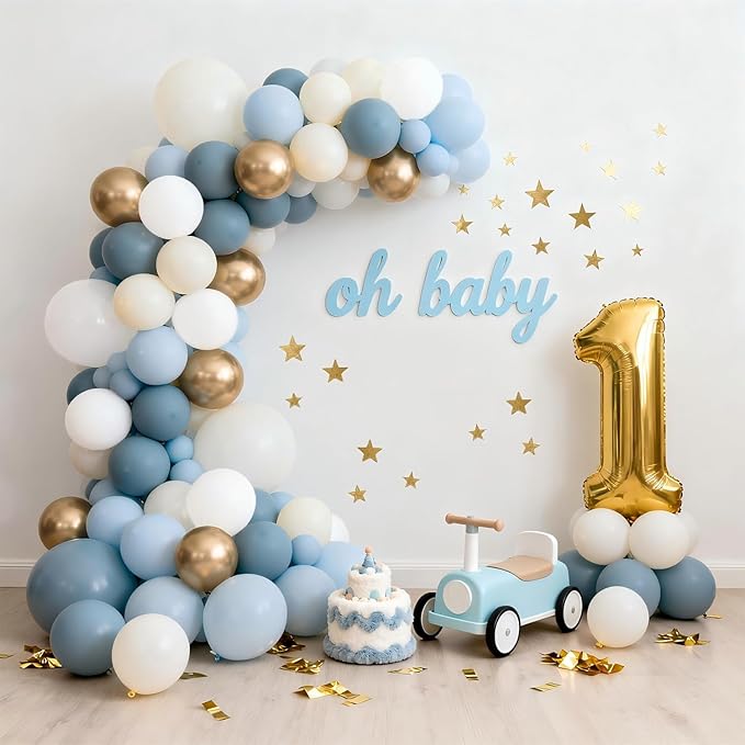 Dusty Blue White Gold Balloon Arch Kit, Blue and White Balloons with Light Dusty Blue White Beige Chrome Gold Balloons Garland Kit for Gender Reveal Bridal Shower Wedding Birthday Party Decorations