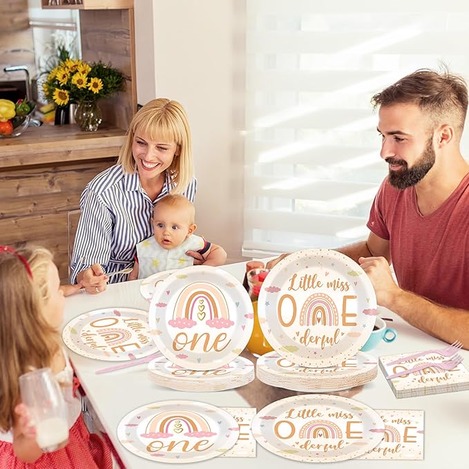 96Pcs Boho Rainbow Party 1st Decorations Miss Little One Derful 1st Themed Tableware Rainbow First Trip Birthday Plates Napkins Forks Onederful Dinnerware Supplies for Baby Shower Birthday Serves 24