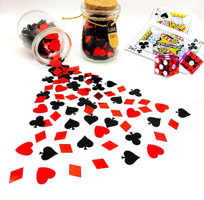 Werich Casino Party Confetti Metallic Foil Poker Card Suit Table Scatter – Red & Black Hearts, Spades, Clubs, Diamonds – Casino Theme Decorations for Poker Night, Las Vegas, Birthday, Wedding.