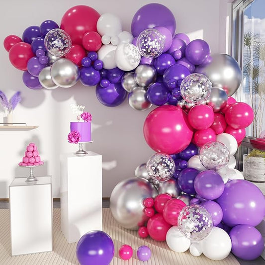MEBAY Hot Pink Purple Silver Baloon Garland Arch Kit, 146Pcs Latex Balloons Different Sizes 18 12 10 5 inch for Women Girls Birthday Baby Shower Wedding Party Decorations