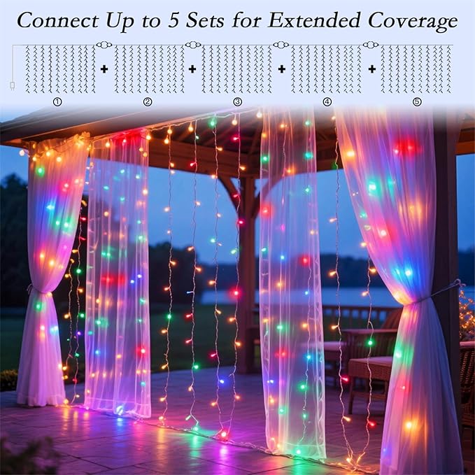 200 LED Rainbow Curtain String Lights 9.8 * 6.6FT Plug in Fairy with Timer and 8 Modes, Waterproof Window Wall Lights for Bedroom Wedding Party Indoor Outdoor Christmas Decor
