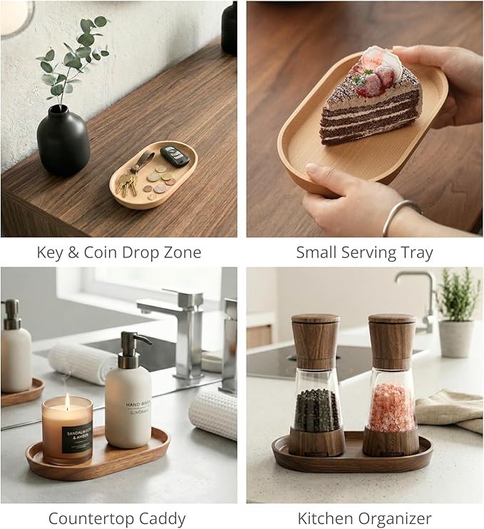 Vandroop Mini Serving Trays for Parties, Small Decorative Tray for Tea＆Coffee, Oval Wooden Plates for Serving Food for Appetizer＆Vegetables for Bathroom 7.8"×4.6" (Acacia, Set of 2)