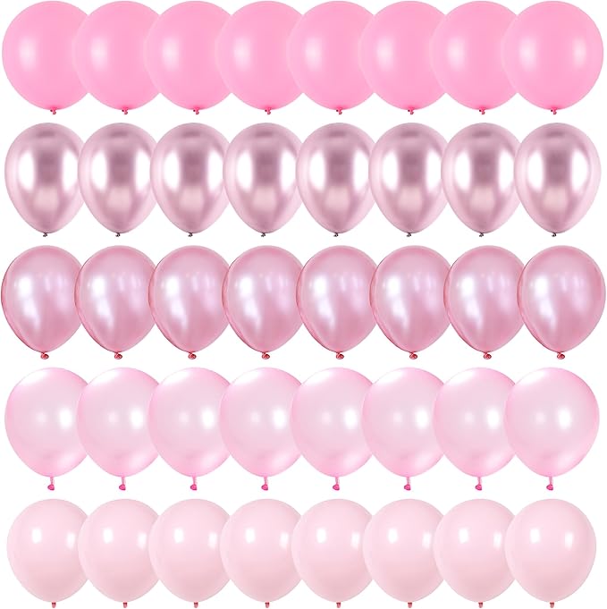 Pink Balloons Set, 60 Packs 12 Inch Metallic Chrome Pink Pearl Macaron Light Pink Different Shades Balloons for Girl Women Birthday Decorations, Wedding, Christening, Baby Shower Party