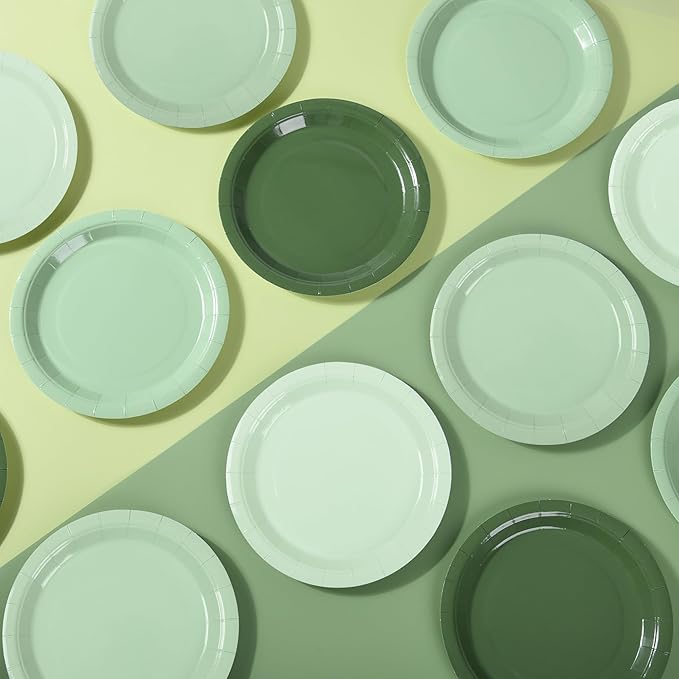 AimFun 48Pcs Sage Green Paper Plates Gradient Green Party Plates 7” Disposable Round Dessert Plates for St Patricks Birthday Wedding Bridal Baby Shower Party Supplies 4 Colors