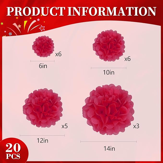 20 PCS Red Tissue Paper Pom Poms, Tissue Pom Poms Flowers, Sizes of 6", 10", 12", 14" Hanging Paper Flower Ball for Wedding, Birthday, Baby Shower Party Decor