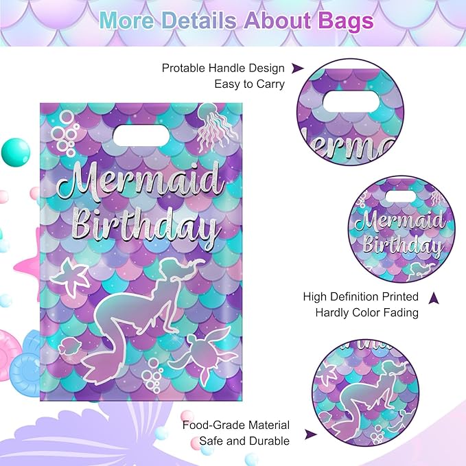 40Pcs Mermaid Birthday Party Favor Bags, Mermaid Goodie Bags with Handles,Ocean Mermaids Gift Candy Treat Bag for Kids Girls Baby Shower Mermaids Themed Under the Sea Party Decorations Supplies Favors