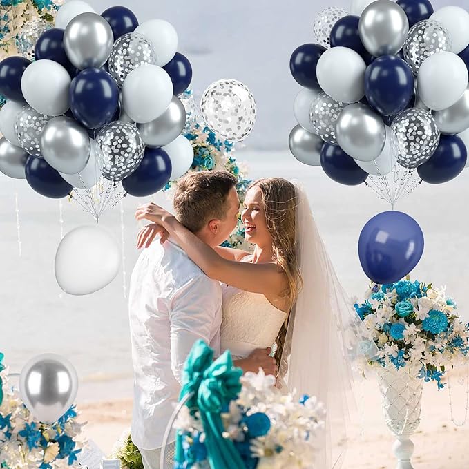 Biapian Navy Blue Silver Balloons, 60PCS Blue Silver White Balloons, 12 Inch Metallic Silver Confetti Balloons Dark Blue and Silver Latex Balloons for Birthday Graduation Bridal Baby Shower Party