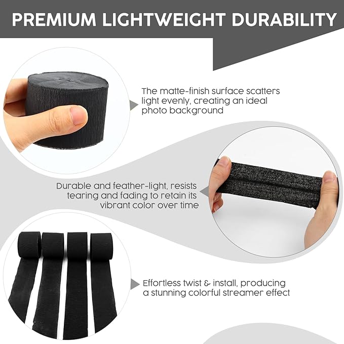 4 Rolls Crepe Paper Black Streamers – Perfect for Streamers Party Decorations, Wedding, Birthday, Colored Decor, and DIY Craft Supplies(1.8 Inch x 82 Ft/Roll)