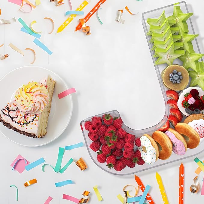 13.8" Extra Large Acrylic Letter Charcuterie Board Box, Reusable Fillable Letter Cake Candy Dish Display Serving Tray for Birthday Anniversary Party Decoration (J)