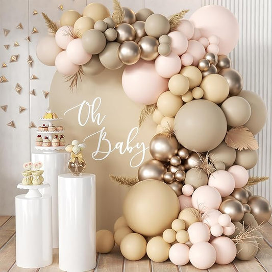 MEBAY Boho Pink Nude Neutral Balloon Arch Kit, 166Pcs Pastel Brown Maca Light Pink Nude Champagne Gold Balloons Garland for Baby Shower Gender Reveal Birthday Party Decoration