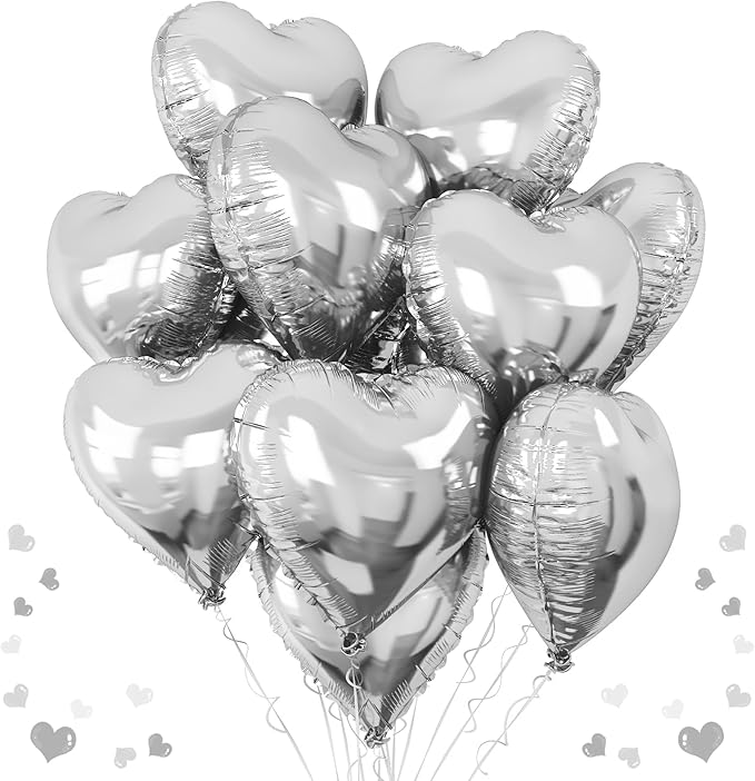 Silver Heart Foil Balloons, 10 Pcs Silver Heart Shape Balloons, 18Inch Metallic Heart Foil Balloon for Birthday Valentine Wedding Baby Shower Bridal Shower Graduation New Year Party Decorations