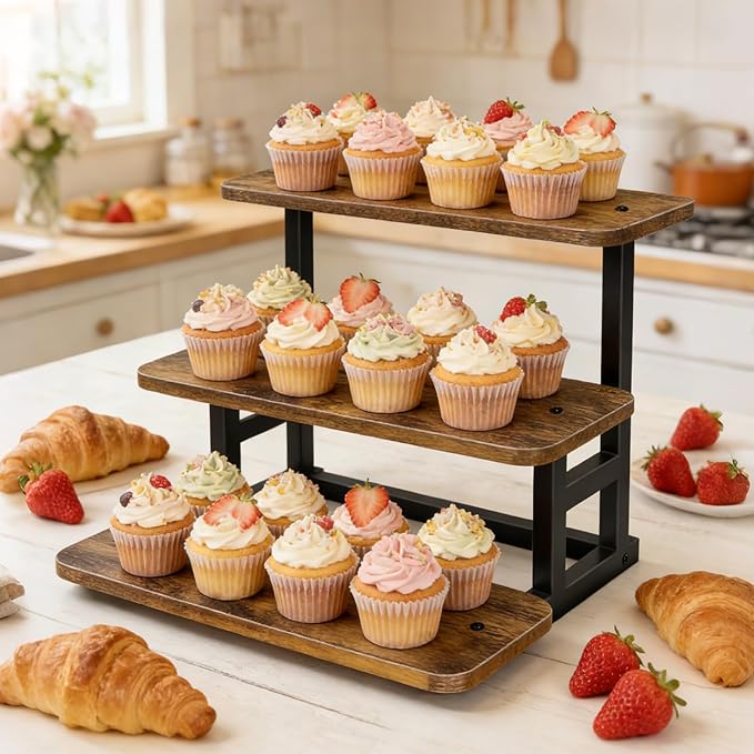 Lilybud--lily 3 Tier Cupcake Stand, Wooden Risers Display Stands Stepped Dessert Table Display Set with Metal Frame Tiered Tray Stand Serving Trays for Party Farmers Market Display 2 Pack