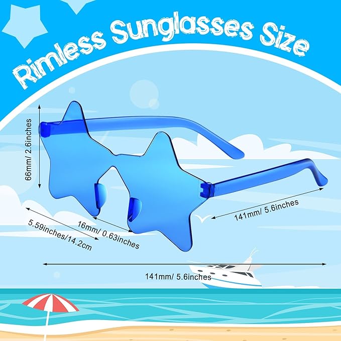 PLULON 7 Pairs Blue Star Sunglasses Rimless Star Shape Sunglasses, Star Glasses Bulk Bachelorette Sunglasses Star Party Favors for Birthday Beach Kids Adult