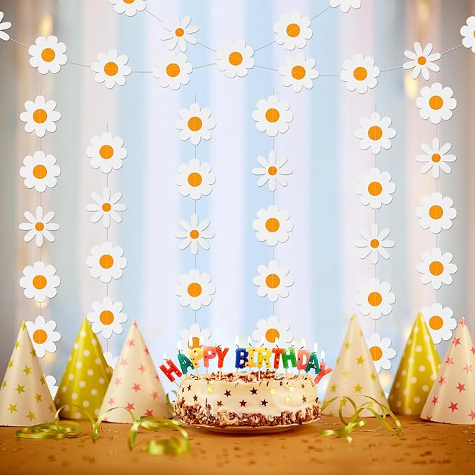 8 Pcs Daisy Boho Party Decorations – Groovy White Flower Paper Garlands, Hanging Banners for Wedding, Birthday, Shower & Retro Hippie Party Supplies