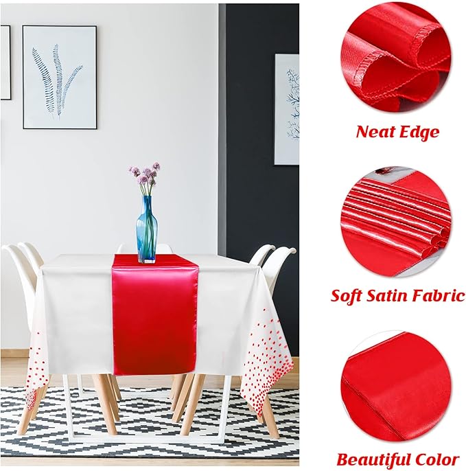 16Pack Disposable Plastic Tablecloths and Satin Table Runner Set White and Red Dot Tablecloth Red Satin Table Runner for Wedding Birthday Baby Shower Anniversary Christmas New Year Party Supplies