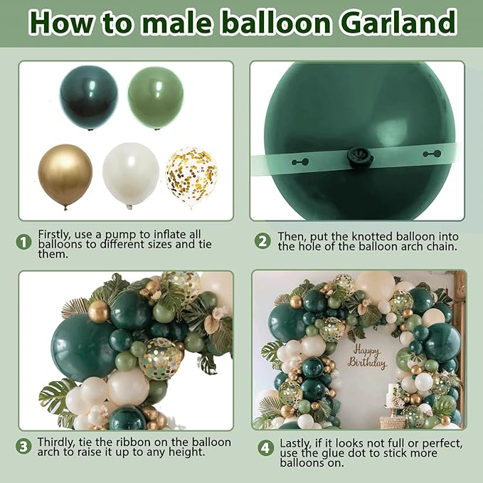 Emerald Green White Gold Balloons Arch Kit,Double Stuffed Dark Green Sage Dusty Olive Green Sand White Beige Chrome Gold Confetti Balloon for Birthday Graduation Wedding jungle Safari Party Decoration