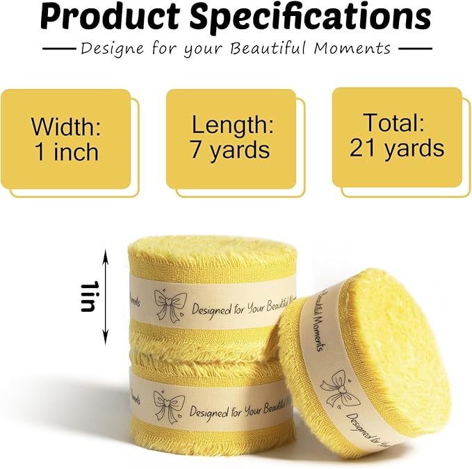 Yellow Cotton Ribbon 1 Inch Mustard Yellow 3 Rolls 21 Yards Frayed Edge Fabric Set for Wedding Decor, Bridal Bouquet Wrap, Baby Shower, Gift Wrapping & Fall Decor