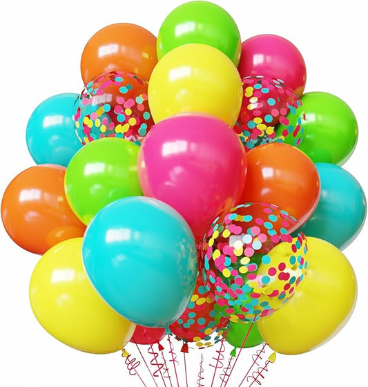 Summer Tropical Balloons, 50pcs 12 inch Hot Pink Green Orange Yellow Teal Blue Confetti Balloons for Baby Shower Theme Party Supplies Summer Birthday Party Decorations