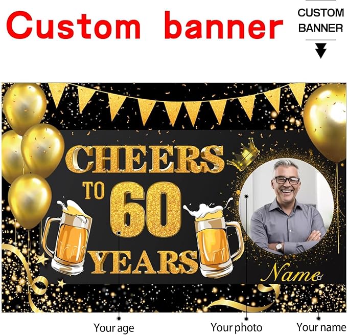 Custom Black and Gold Happy Birthday Party Decorations 30/35/40/45/50/55/60/65/70/75/80/85/90/95/100th Supplies Personalized Birthday Backdrop Banner(4x6ft)