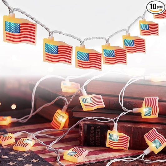 GOOTHY 4th of July Lights 8.5F American Flag String Lights, Patriotic Lights with 10 Mini American Flag Lights, Plug in 4th of July Decorations Lights for Indoor Independence Day Party Memorial Day