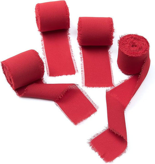 4 Rolls Red Handmade Fringe Chiffon Silk Ribbon 1.5" W x 5Yd Per Roll,Frayed Edges Ribbon Set for Gifts Wrapping,Wedding Invitations,Bouquets,DIY Crafts (1.5" x20Yd, Red)