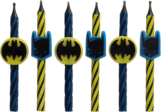Batman™ Birthday Cake Candles | 6 Birthday Candles for Cake Decorations, Black, Yellow, & Red Striped Candles, Cake Toppers for Batman Party