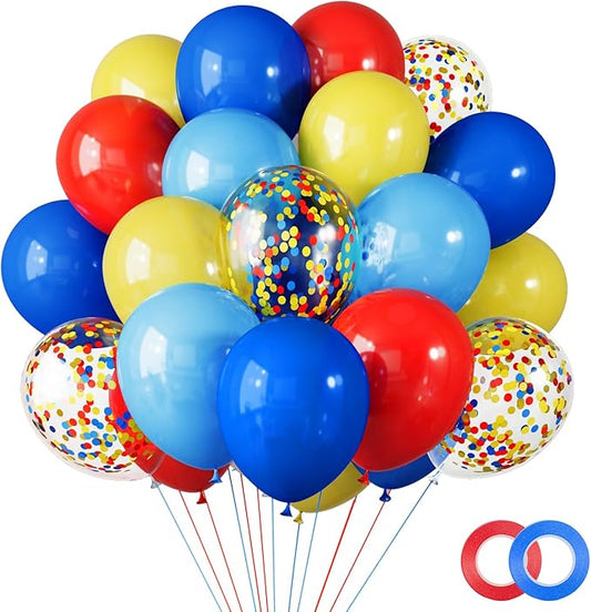 RUBFAC Carnival Circus Balloon Kit, Red Yellow and Blue Primary Balloons 12in with Rainbow Confetti Balloons for Birthday Party Carnival Theme Back to School Party Decorations, 65pcs