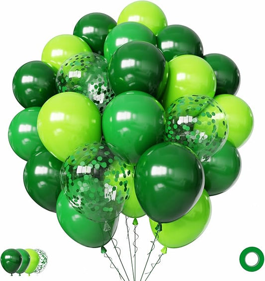 Green Balloons Set, 65pcs 12in Dark Light Green Balloons, Green Confetti Latex Party Balloon for St. Patrick's Day Jungle Forest Themed Birthday Decorations