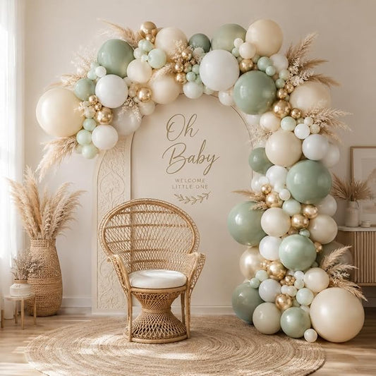 Sage Green Balloon Garland Kit, Green and White Balloon Arch Kit Olive Green White Gold Champagne Party Balloons Lime Green Beige Latex Balloons for Baby Shower Birthday Jungle Safari Party Decoration