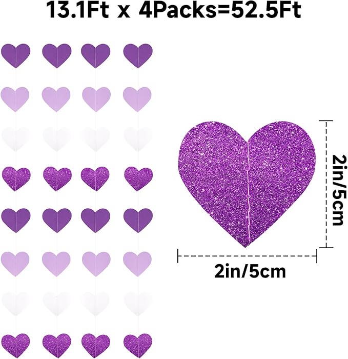 GCQQ Purple Heart Garland - 52Ft/16M Purple and White Lavender Party Decorations 4 Packs Glitter Hanging Heart Streamers for Birthday Wedding Baby Bridal Shower Bachelorette Party Backdrop Décor