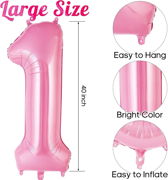 Pink Number 1 Balloon 40 Inch, Big Large Foil Helium Number Balloons, Jumbo Giant Mylar Number 1 Balloons for 1st first Birthday Party Decorations Supplies Anniversary Celebration