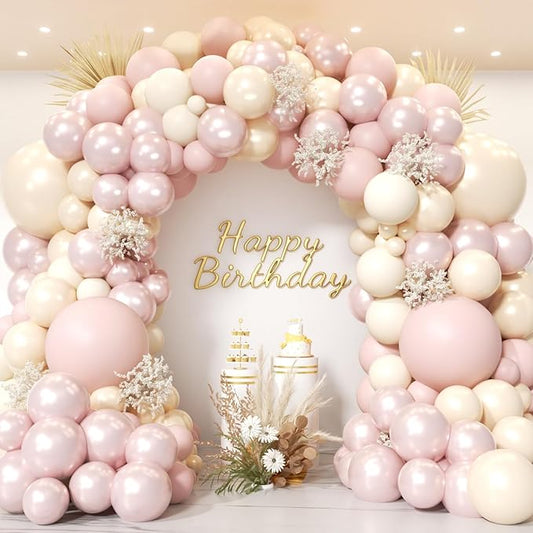 Boho Dusty Pink Balloon Arch Garland Kit 153pcs, Double Stuffed White Pearl Balloon Blush Neutral Pink Balloons Arch Kit for Birthday Wedding Bridal Baby Shower Gender Reveal Party Decoration