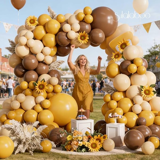 Mustard Yellow Balloons Arch Kit 155Pcs Different Sizes of 18 10 5 Inch Mustard Yellow Sand White Brown Latex Balloon Garland for Birthday Anniversary Sunflower Bee Party Decorations