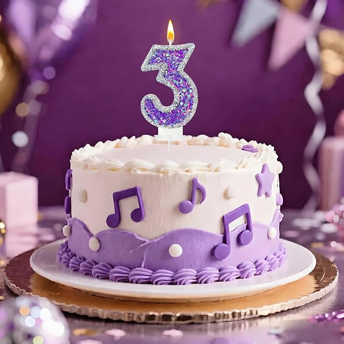 K-pop Number 3 Birthday Candle, Star Glitter Filled Number Candle, Purple Silver Fantasy Cake Topper for Birthday Party Decoration