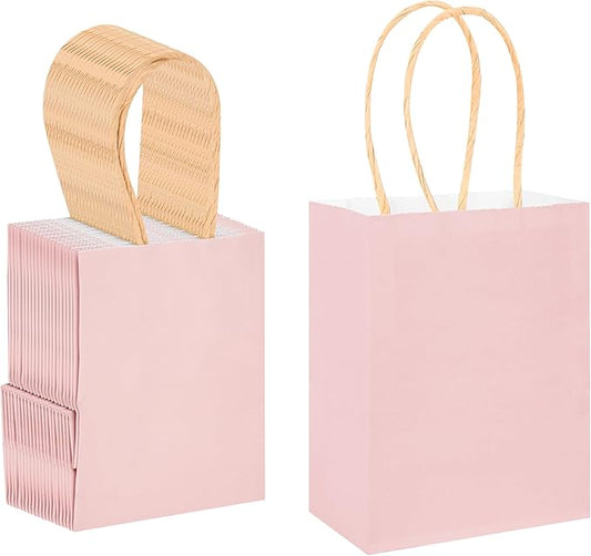 DjinnGlory 60 Pack Mini Pink Paper Bags with Handles Bulk 6.3x4.7x2.75 Inch for Birthday Wedding Baby Shower Party Favors, Treats, Goodies, Christmas Gifts, Tiny Small Business Bags