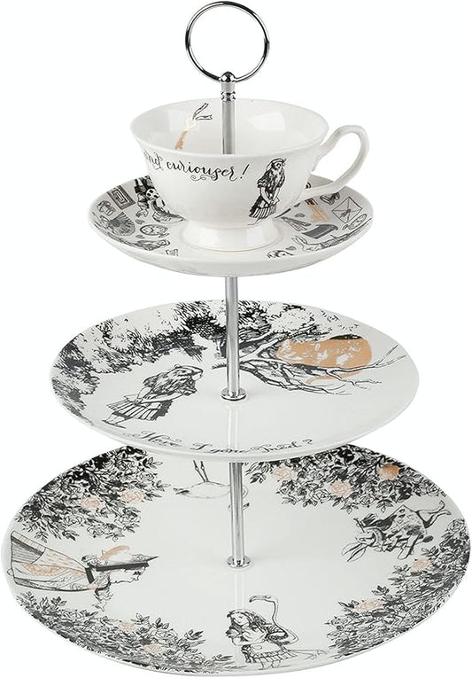 V&A Alice in Wonderland 3 Tier Cake Stand Serving Set, Cake Standing Set, Gift Boxed, White