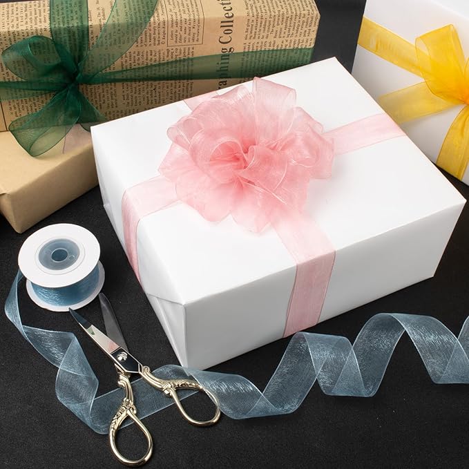 Organza Ribbon Set - Assorted Sheer Ribbons, 1" x 90 Yds, Colored, Clear, Chiffon, Tulle for Flower Bouquet, Gift Wrapping, Christmas Tree, Wedding Invitations, Wreaths, Bows, Crafts