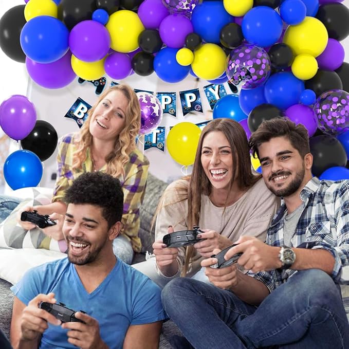 Purple Royal Blue Black Yellow Balloon Garland Arch Kit - 117PCS Purple Blue Black Balloons Video Gaming Party Supplies for Boys Miner Gamer Fan Birthday Graduation Party Decoration