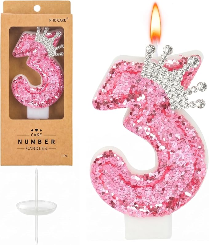 PHD CAKE Birthday Number Candles,Pink Crown Birthday Candles for Cake,Glitter Number 3 Candle Cake Topper with Sequins for Girls,Women, Anniversary Celebrations Supplies