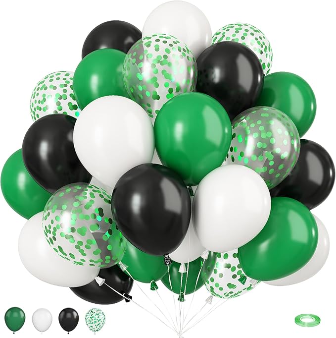 Green and Black Balloons, 50Pcs 12 Inch Green White Black Birthday Balloons, Green Confetti Balloons white Latex Balloons for Video Game Football Theme Party Baby Shower Supplies