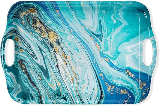 Serving Tray Decorative Tray with Handles Multi-Purpose Rectangular Serving Trays for Restaurant, Parties, Coffee Table, Kitchen - Blue Gilt Marble Pattern