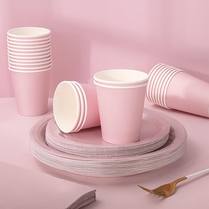 Whaline 100Pcs Dusty Pink Tableware Set Disposable Dinnerware Set 50Pcs Paper Plates 25Pcs Napkin 25Pcs Cups for Wedding Birthday Bride Shower Party Table Decor