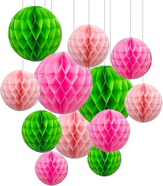 ZOOYOO 12Pcs 6" 10" Honeycomb Balls Decorations Hanging Tissue Paper Pom Poms for Birthday Wedding Engagement Hawaiian Luau Theme Party Decorations(Green Pink)