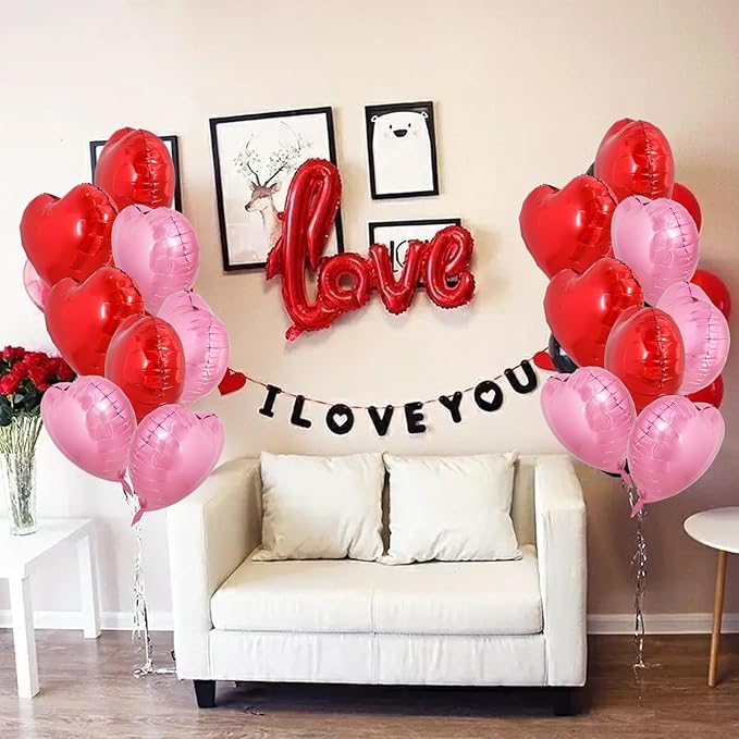 TONIFUL 30Pcs 18 Inch Red Pink Heart Balloons Valentine’s Day Heart Shape Foil Mylar Balloons Decoration for Romantic Valentine's Day Wedding Bridal Shower Anniversary Engagement Party Supplies