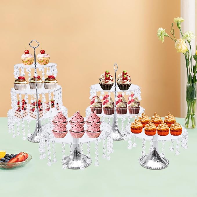 4 PCS Cake Stand Set Silvery Crystal Dessert Table Plate Set,Metal Cupcake Tray Candy Fruit Display Tower for Wedding Afternoon Tea Birthday Party Baby Shower Anniversary
