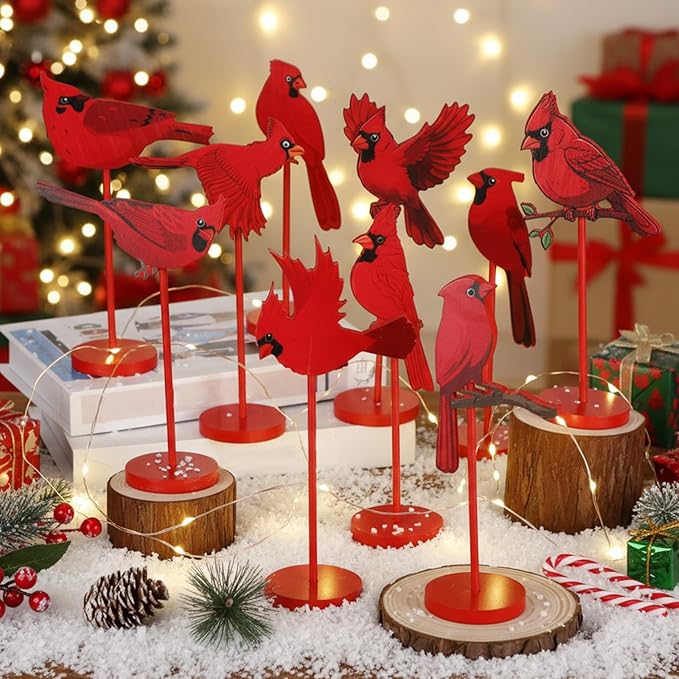 Geelin 10 Pcs Red Cardinal Decor Wooden Red Bird Decor Funeral Memorial Gift Remembrance for Family Friend Cardinal Figurines Ornament Tall Stand Block for Easter Craft Home Table Office Party