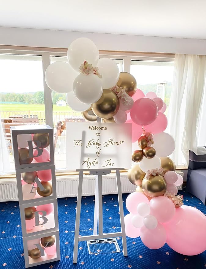 Pink and Gold Balloons Set - 12 Inch Light Pink White Balloons Shiny Metallic Gold Balloon Glitter Confetti Latex Balloon for Girl Women Princess Baby Shower Birthday Wedding Party Decorations