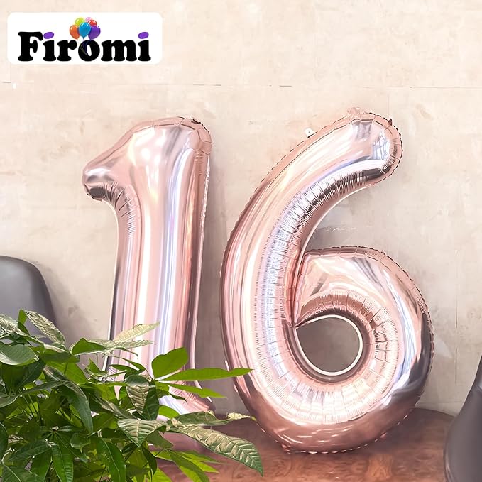 FIROMI 16 Foil Number Balloons Rose Gold 40-inch Big Giant Jumbo Mylar 16 or 61 Balloon Numbers for 16th Birthday Party Anniversary Decorations