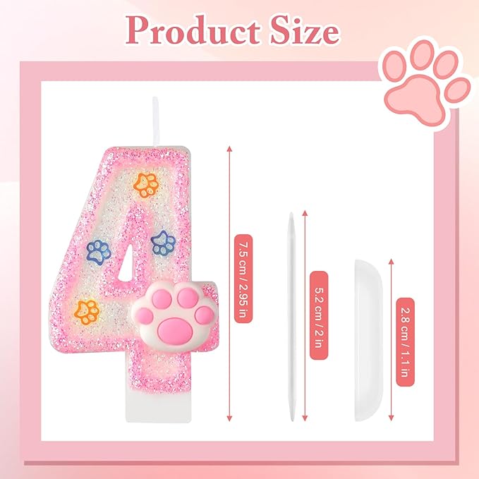 AKURIEEY Dog and Cat 4th Birthday Candle Pink Numbers 4 Candle Paw Cake Topper Cupcake Decorations for Pet Theme Party Decor Anniversary Celebrations Supplies