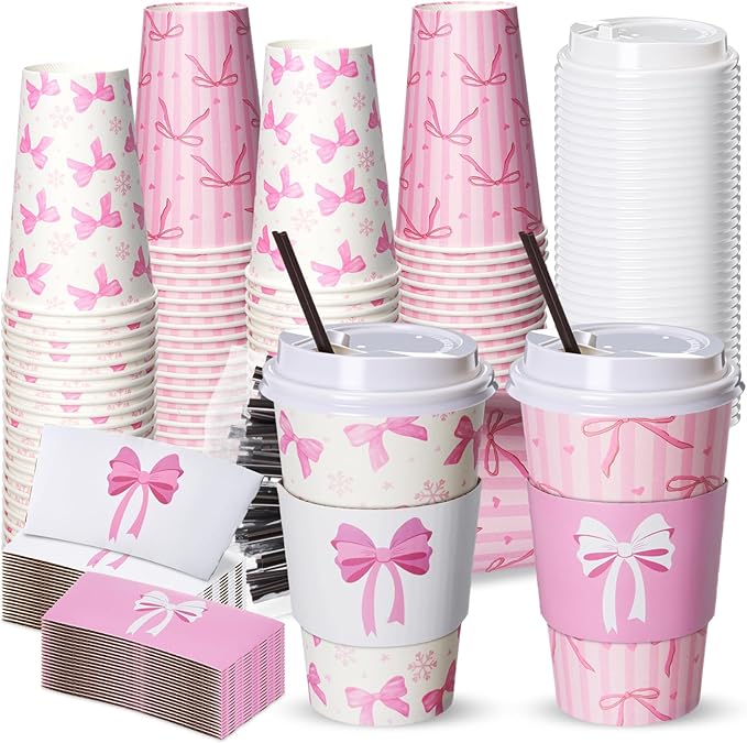 Jingmore 50 Set Pink Bow Coffee Cups with Lids, Straws and Sleeves Pink Bowknot Disposable Drinking Cup for Wedding Coquette Birthday Baby Shower Bachelorette Party Supplies (16 oz)